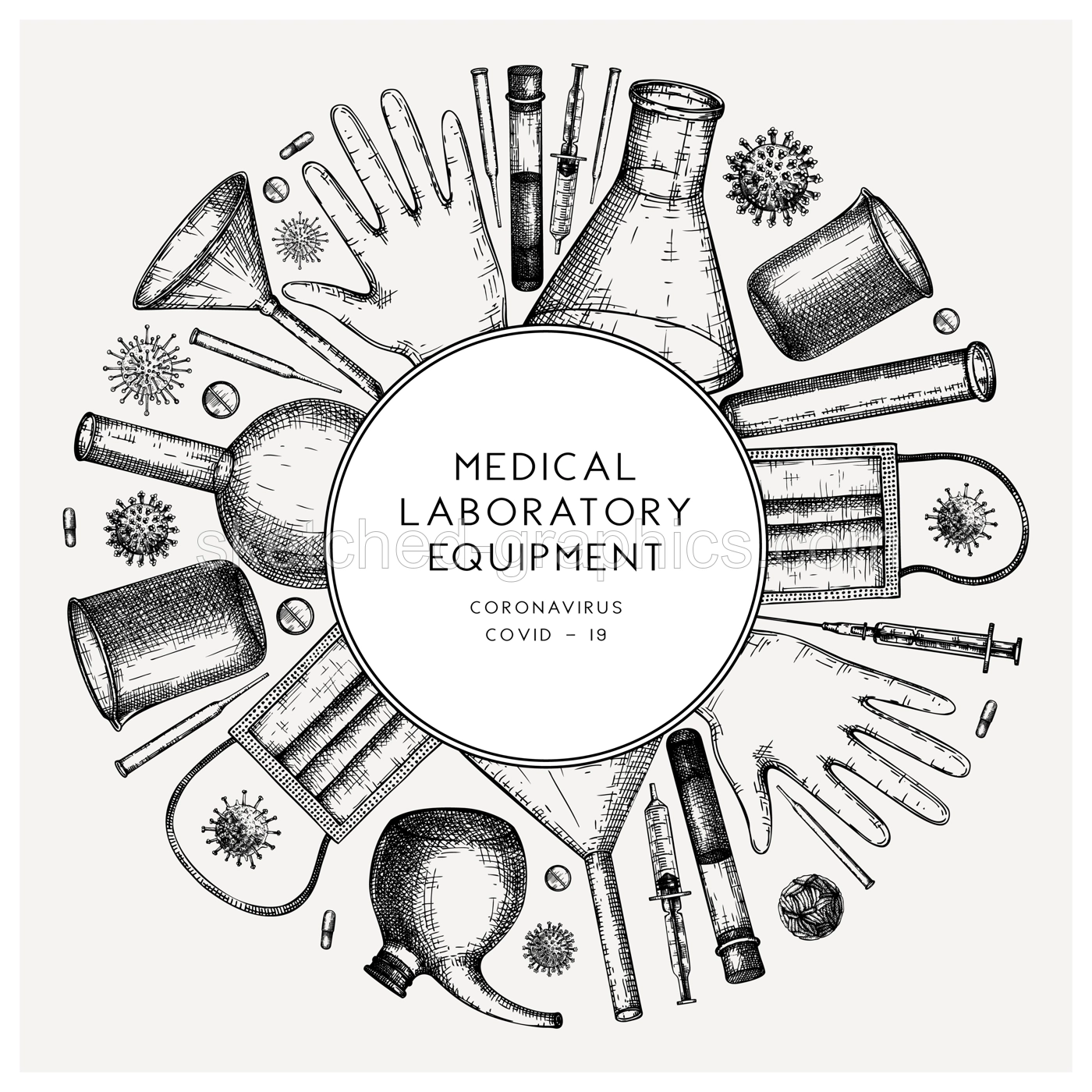 Virus testing laboratory equipment wreath. Coronavirus hand drawn design template. COVID-19 flyer. Vector banner with laboratory equipment, medicinal, protection tools, viruses drawings Illustration